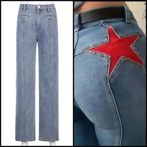 Women Fashion Star Print Denim Pants