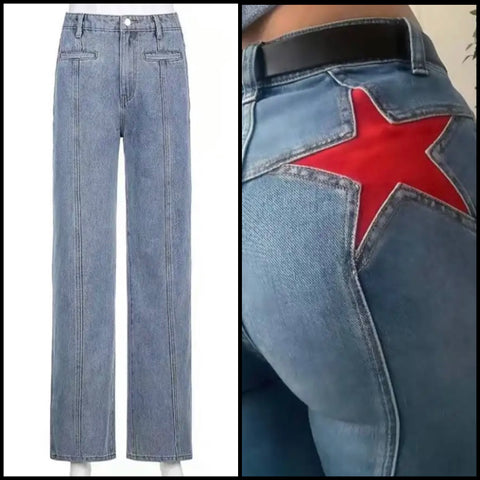 Women Fashion Star Print Denim Pants