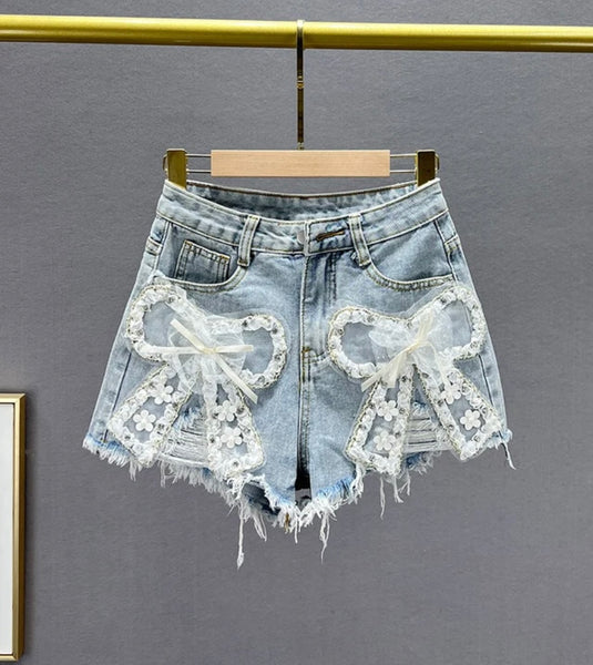 Women Mesh Bow Fashion Denim Shorts