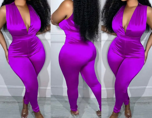 Women Sexy Sleeveless Satin Solid Color Jumpsuit