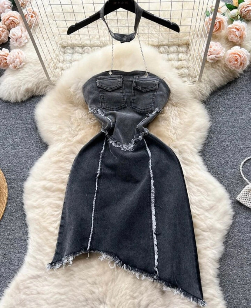 Women Sexy Chain Halter Denim Dress