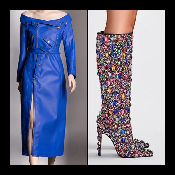 Women Sexy Blue Leather Off The Shoulder Zipper Maxi Dress