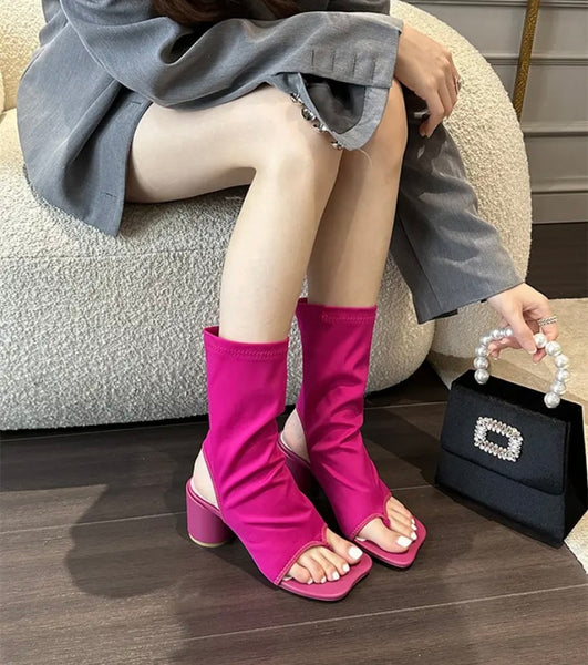 Women Open Toe Fashion Square Heel Ankle Boots