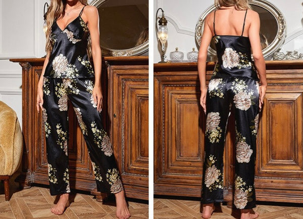 Women Sleeveless Satin Floral Sexy Two Piece Lingerie Set