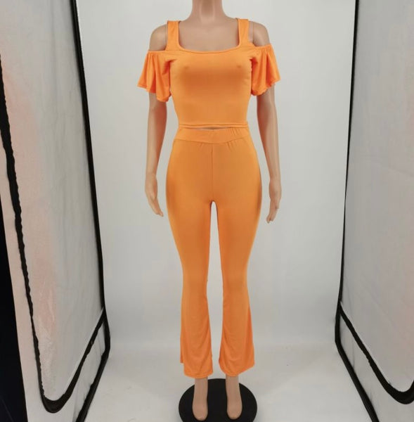Women Solid Color Ruffled Short Sleeve Crop Two Piece Pant Set
