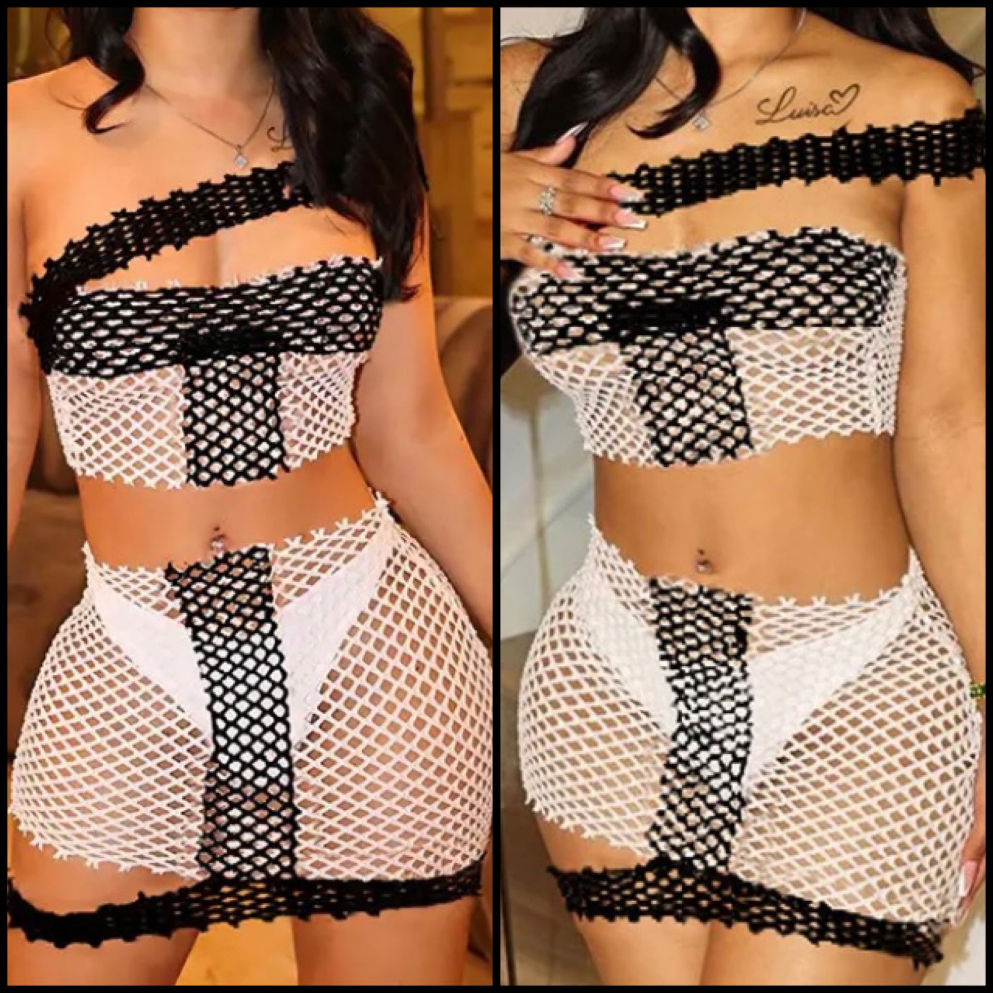 Women Sexy B&W Strapless Netted Two Piece Skirt Set