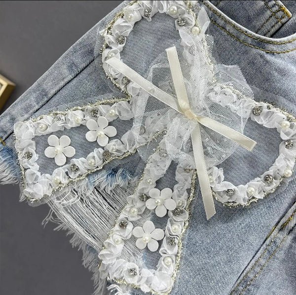 Women Mesh Bow Fashion Denim Shorts