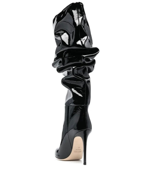 Women Fashion Ruched Patent Leather Knee High Boots