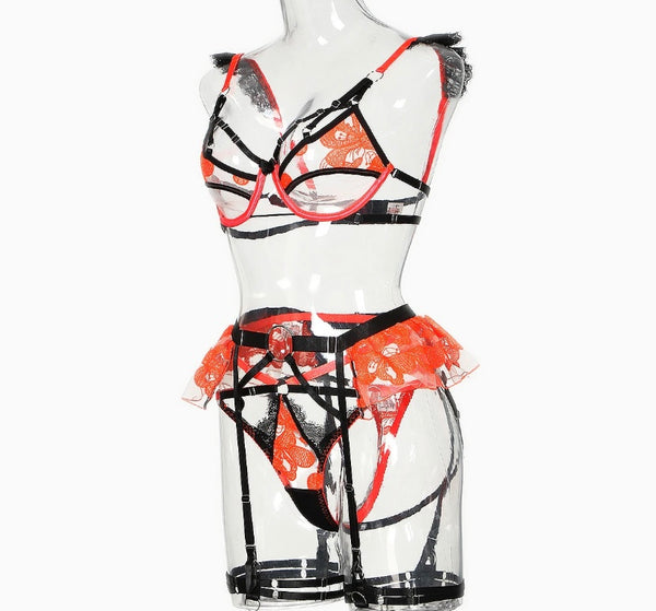 Women Sexy Black/Orange Color Patchwork Ruffled Lace Lingerie Set