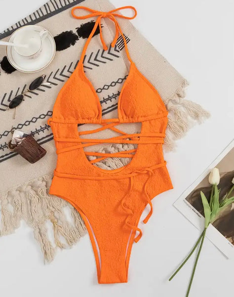 Women Orange Sexy Halter Lace Up Swimsuit