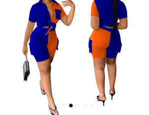 Women Short Sleeve Button Up Color Patchwork Two Piece Short Set