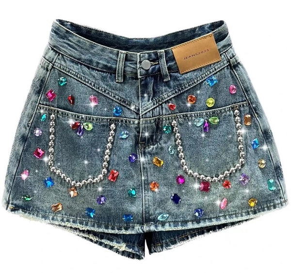 Women Fashion Rivet Gem Denim Wrap Shorts