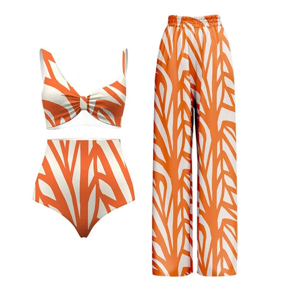 Women Sexy Striped Bikini Cover Up Set