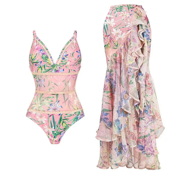 Women Sexy Pink Floral Swimsuit Ruffled Skirt Cover Up Set