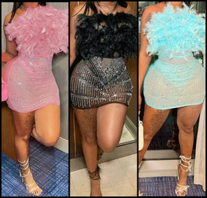 Women Sexy Feather Strapless Bling Mesh Patchwork Dress