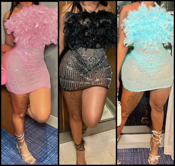 Women Sexy Feather Strapless Bling Mesh Patchwork Dress