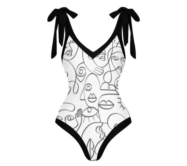 Women B&W Printed Tie Up Swimsuit Cover Up Set