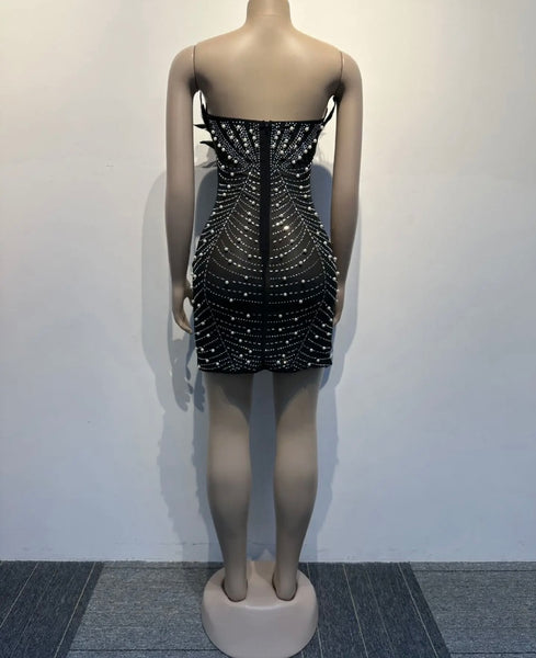 Women Feather Beaded Bling Mesh Strapless Dress