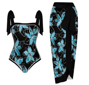 Women Blue Floral Print Fashion Swimsuit Cover Up Set