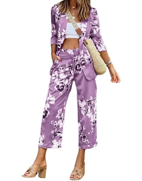 Women Fashion Floral Blazer Two Piece Pant Set