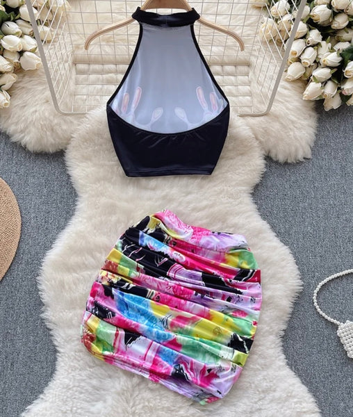 Women Halter Colorful Hand Print Two Piece Skirt Set