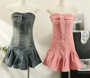 Women Sexy Strapless Ruffled Denim Dress