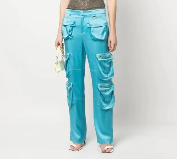 Women Zipper Pocket Fashion Satin Pants