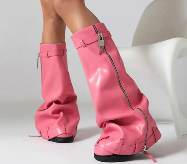 Women Fashion Faux Leather/Patent Leather Zipper Buckled Lock Boots