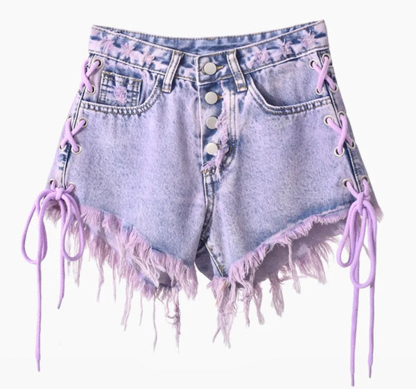 Women Purple Lace Up Fringe Fashion Denim Shorts