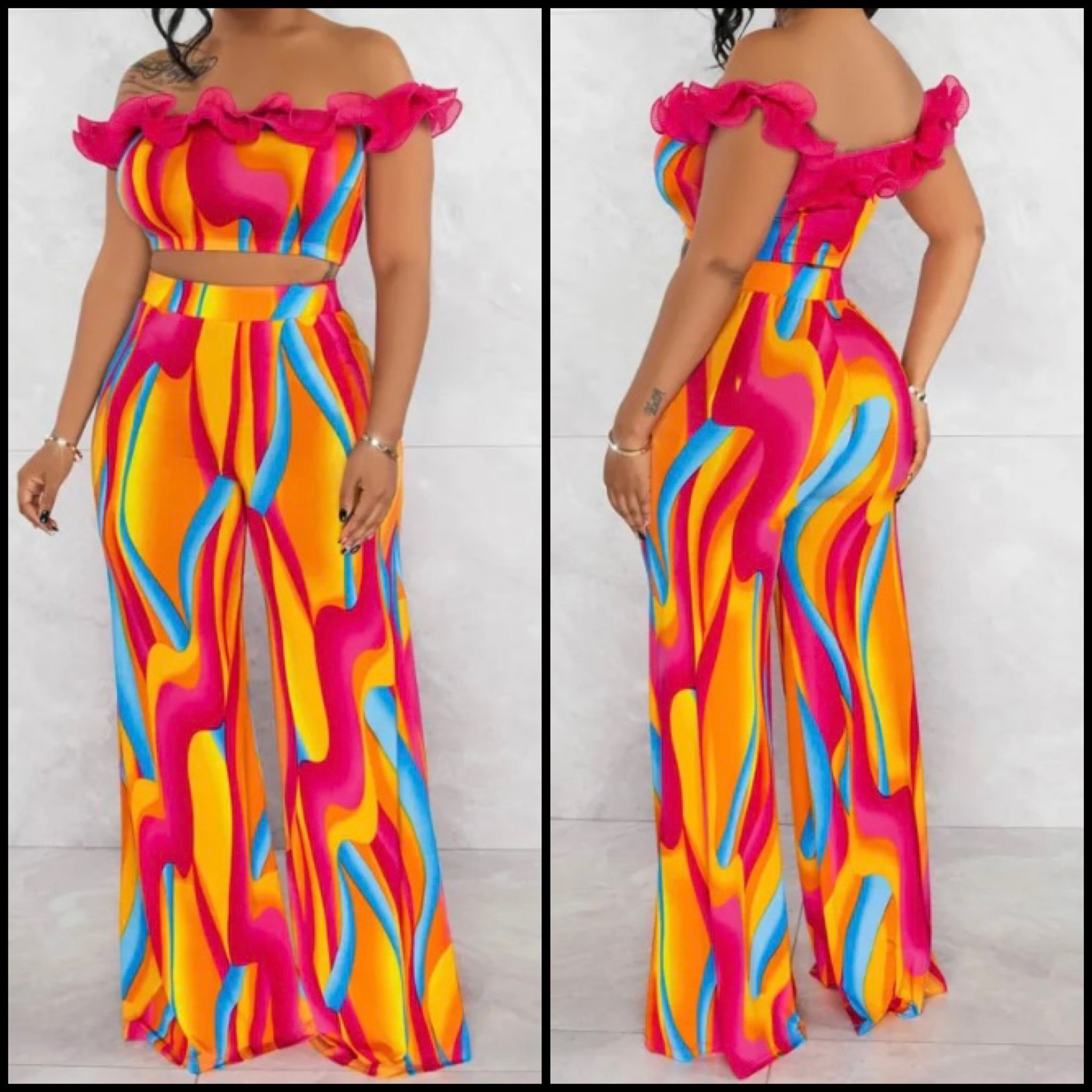 Women Sexy Ruffled Off The Shoulder Colorful Two Piece Pant Set