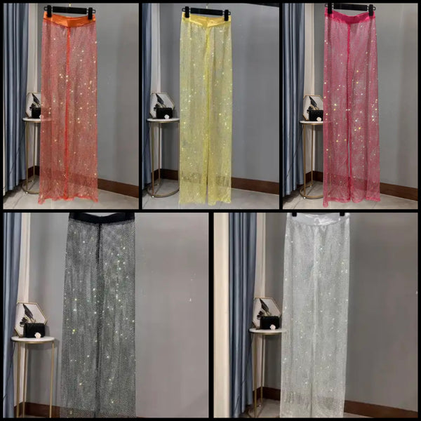 Women Fashion Rhinestone Mesh Pants
