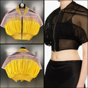 Women Short Sleeve Mesh Zip Up Crop Top