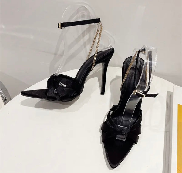 Women Pointed Toe High Heel Chain Ankle Strap Sandals