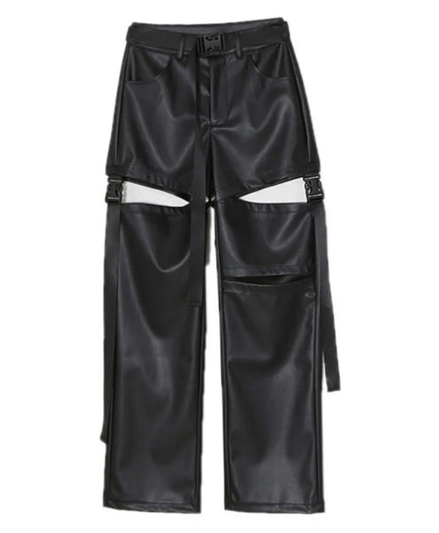 Women Black Faux Leather Buckled Cut Out Pants