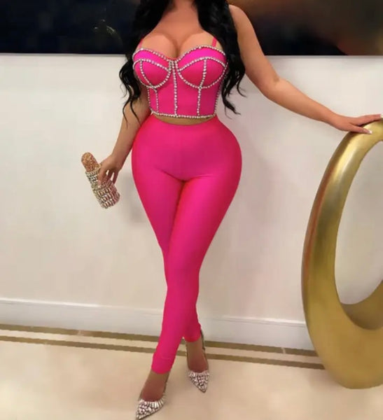 Women Sexy Pink Bling Patchwork Sleeveless Two Piece Pant Set