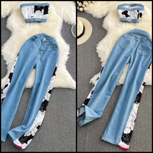 Women Strapless Denim Fashion Floral Patchwork Two Piece Pant Set