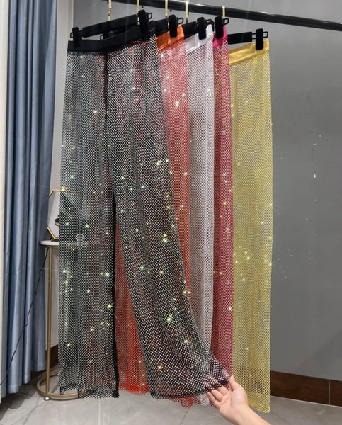Women Fashion Rhinestone Mesh Pants