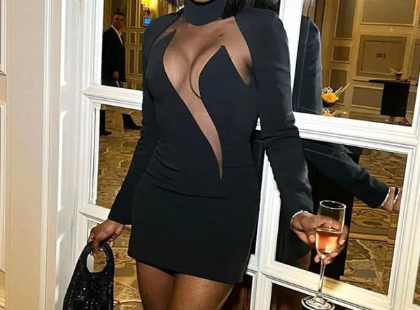 Women Black Full Sleeve Mesh Patchwork Sexy Dress