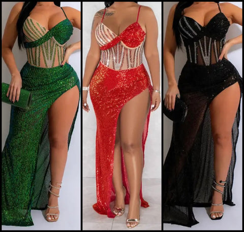 Women Sexy Sleeveless Sequins Side Slit Maxi Dress