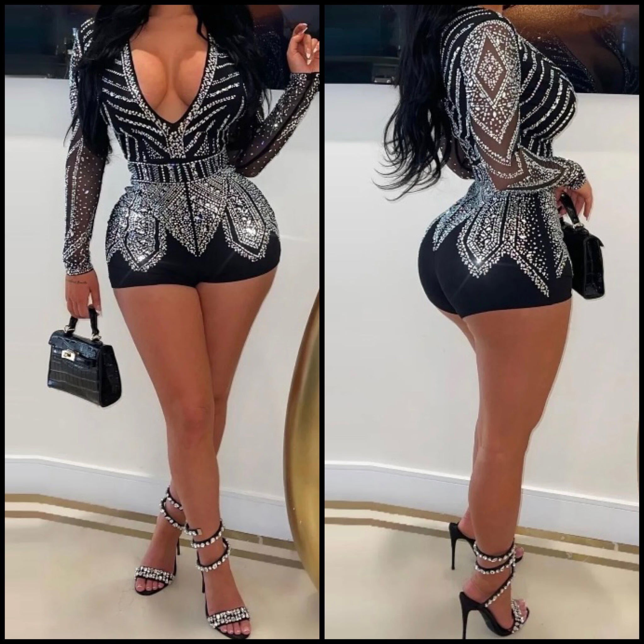 Women V-Neck Full Sleeve Rhinestone Romper