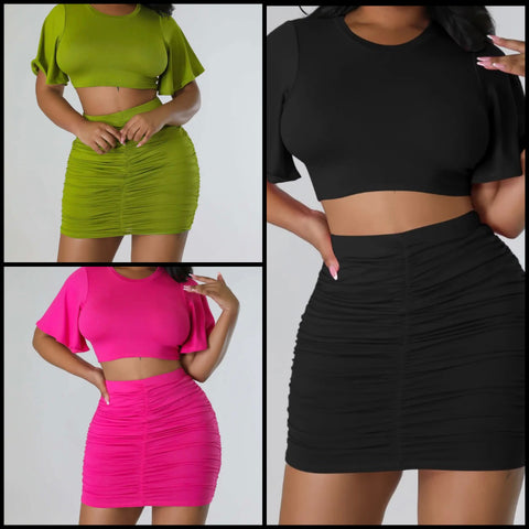 Women Ruche Sexy Short Sleeve Crop Two Piece Skirt Set