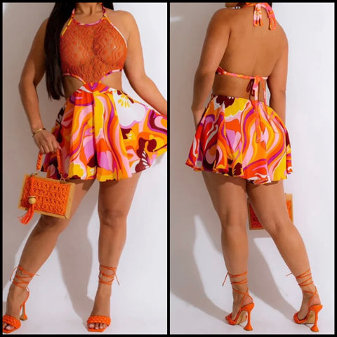 Women Sexy Lace Patchwork Halter Colorful Dress