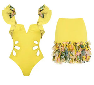 Women Sexy Ruffled Yellow Swimsuit Skirt Cover Up Set