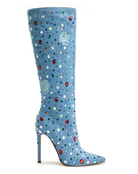 Women Pointed Toe Colorful Crystal Ripped Denim Boots