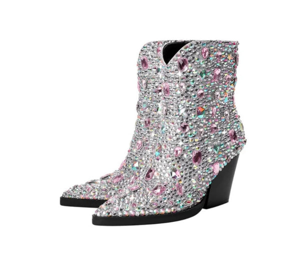 Women Pointed Toe Bling Gem Fashion Ankle Western Boots