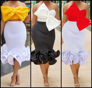 Women Sexy Bow Crop Two Piece Ruffled Skirt Set