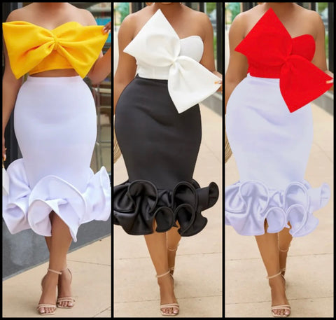 Women Sexy Bow Crop Two Piece Ruffled Skirt Set