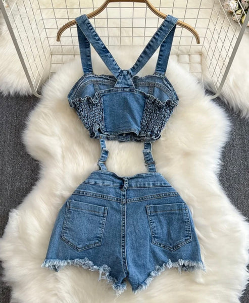 Women Fashion Cut Out Sleeveless Denim Romper