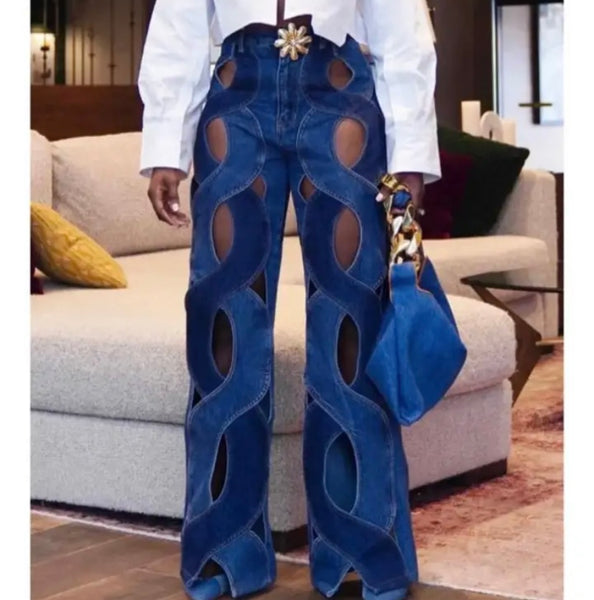 Women Hollow Out Fashion Loose Fit Denim Pants