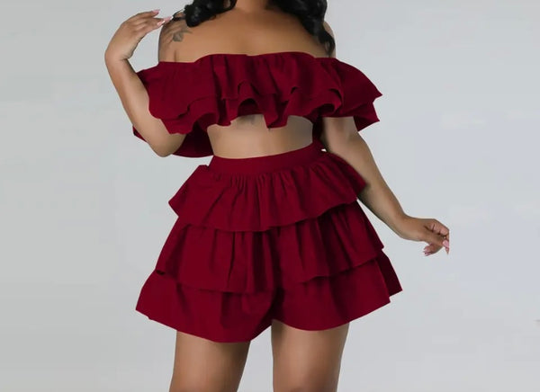 Women Sexy Off The Shoulder Ruffled Two Piece Skirt Set